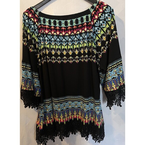 ALI MILES Crochet Lace Trim Black Multi Boho Art Bell Sleeves Peasant Tunic 2X - Picture 5 of 9